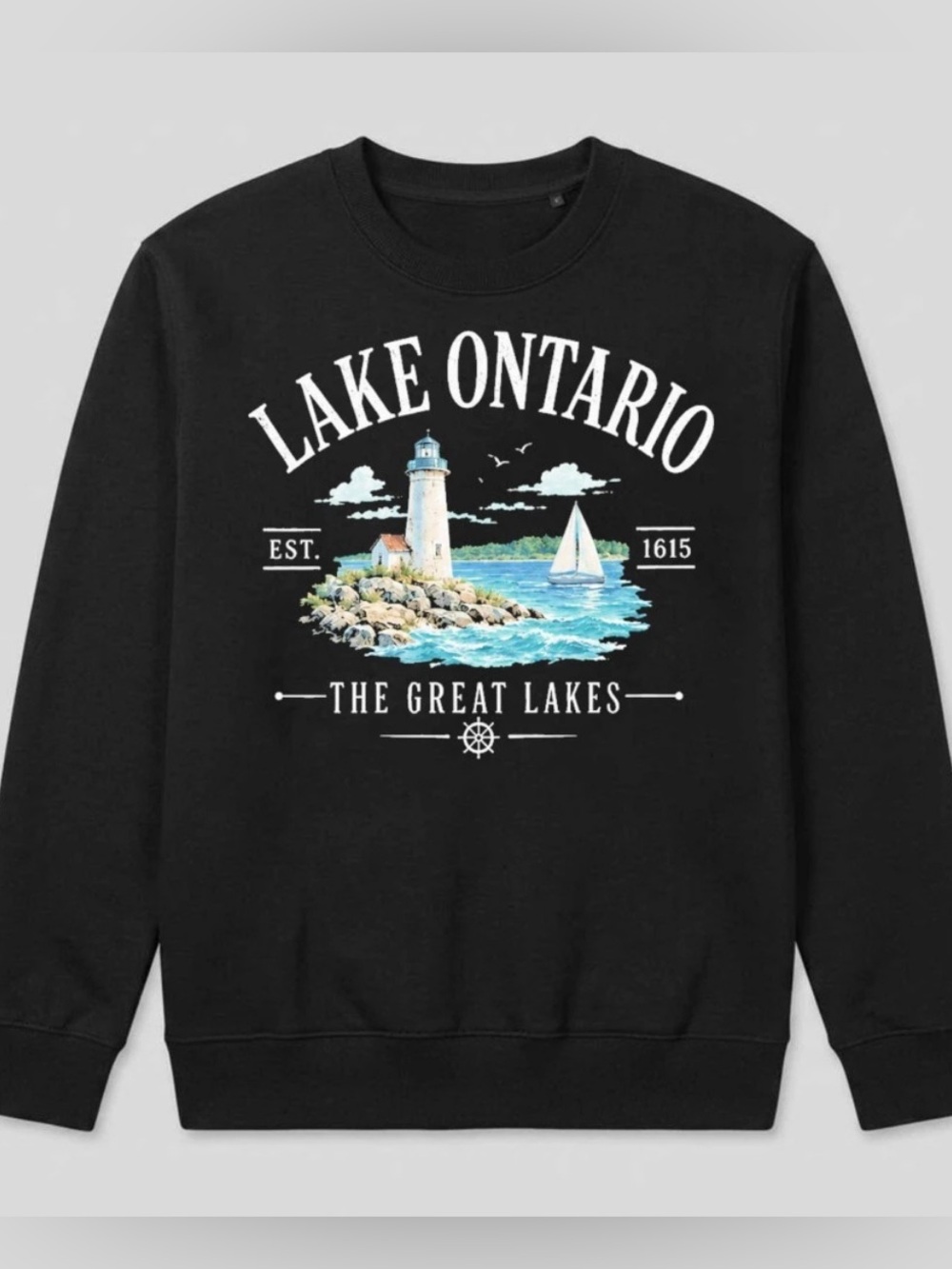 Vintage Lake Ontario Graphic Crewneck Sweatshirt - Black Gildan